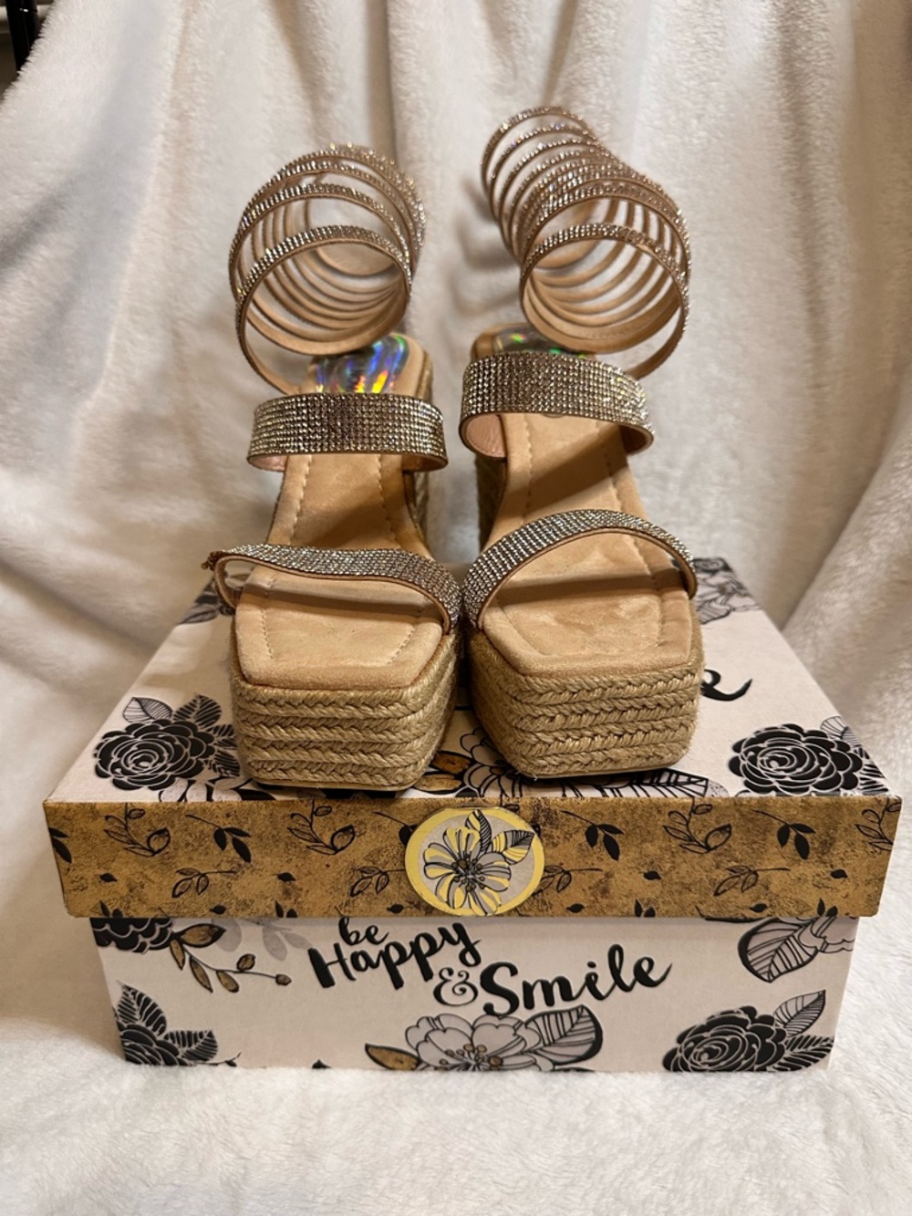 Fashion Nova Gold Rhinestone Spiral Strap Platform Sandals